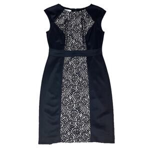 London Black Sheath Dress Sleeveless Lace Front Stretch Size 4 Petite Zip Office